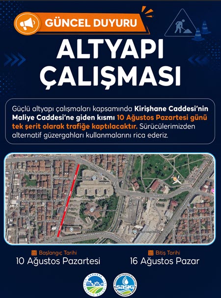 Altyapı projesi kapsamında Kirişhane Caddesi’nin bir kısmı tek yönlü trafiğe kapatılıyor